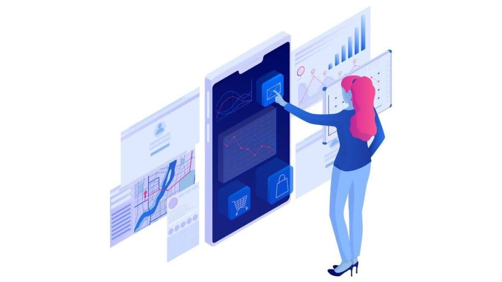 Ilustración de una mujer interactuando con gráficos y datos sobre correo electrónico 2024.