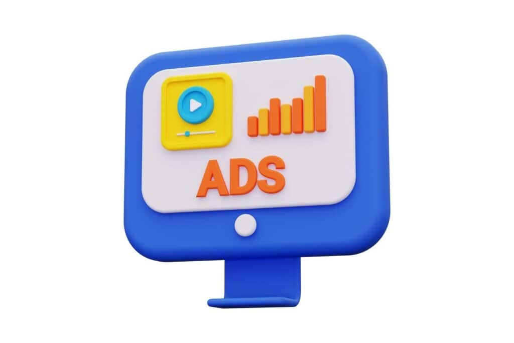 Anuncio digital en pantalla con gráfico de crecimiento y icono de video.