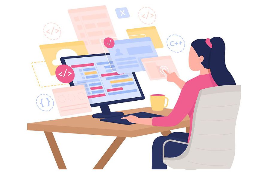 Desarrolladora de software trabajando en programación y codificación con enfoque en tecnologías como C++ y HTML. Código en pantalla y trabajo en entorno digital de alta precisión.