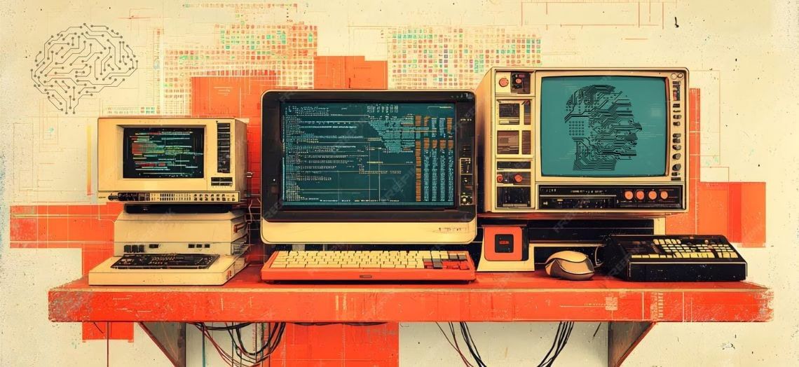 Análisis de código y programación en ordenadores antiguos con pantallas CRT y teclados en un entorno de oficina vintage.